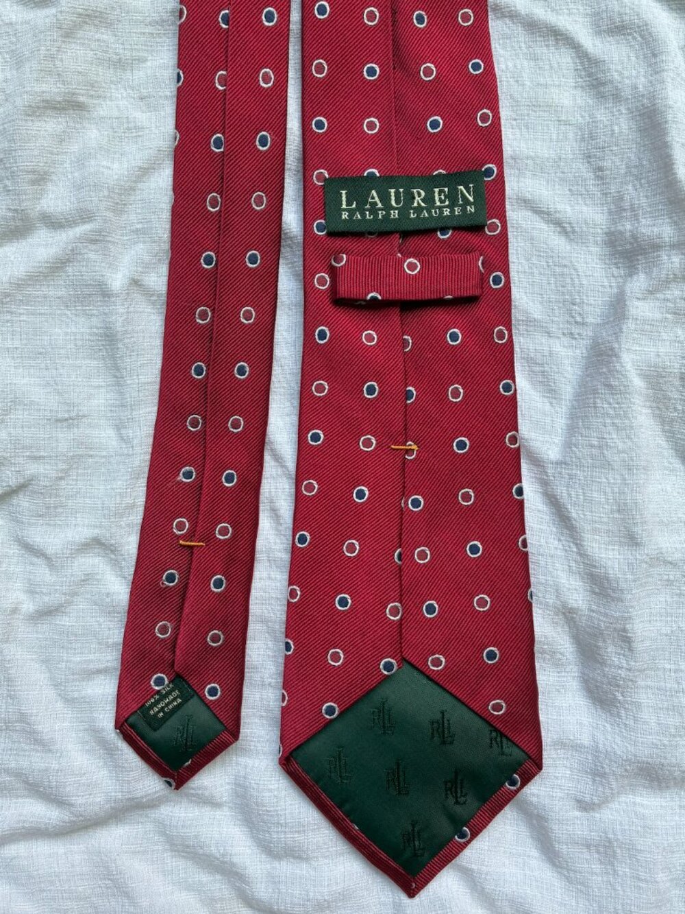 Lauren Ralph Lauren Silk Red Tie with White and Blue Dots